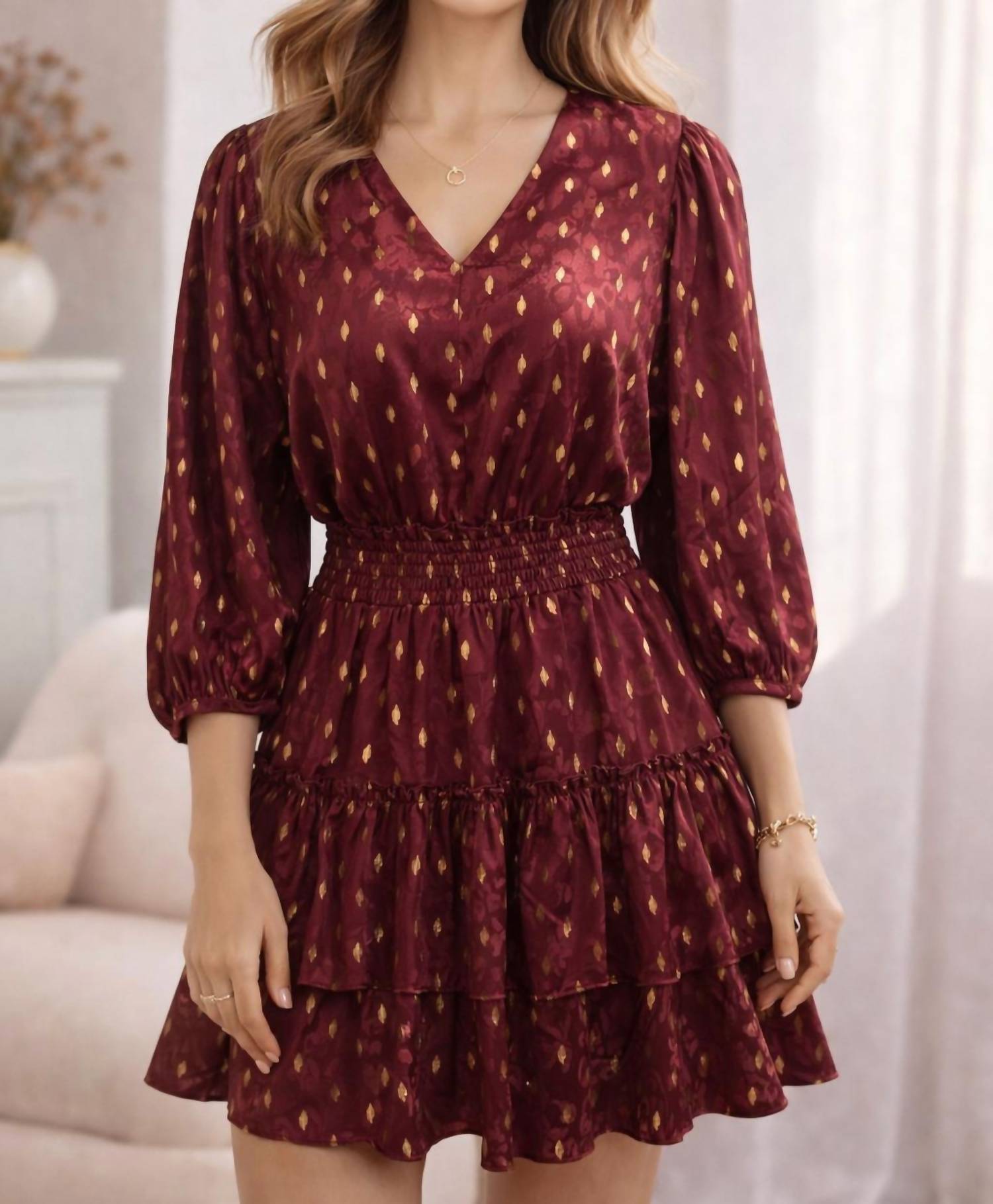 Joy Joy Puff Sleeves V-neck Print Dress in wine - women's dress