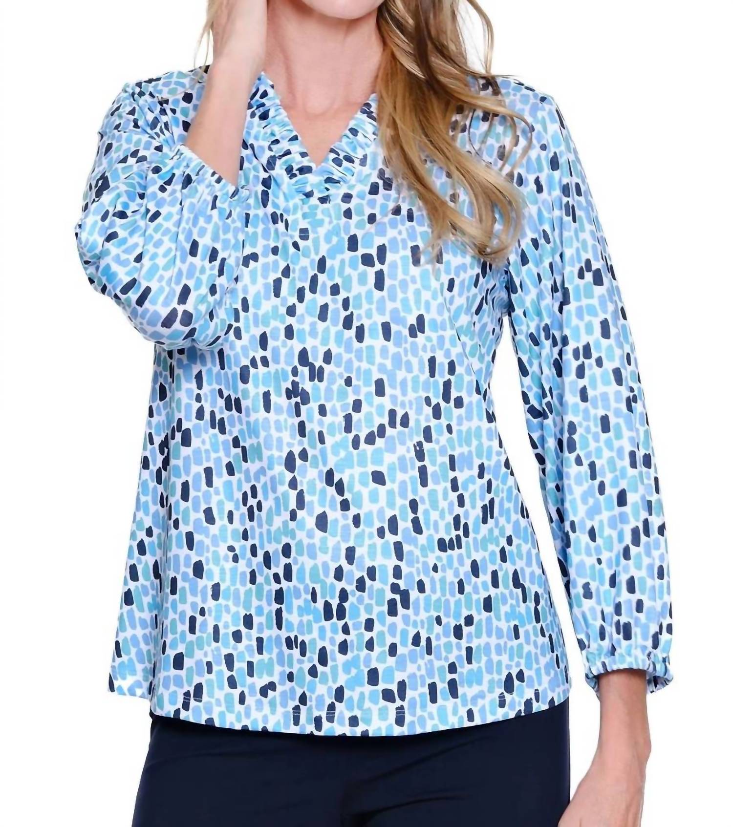 Multiples - Elastic Hem 3/4 Sleeve Ruffle V Neck Top