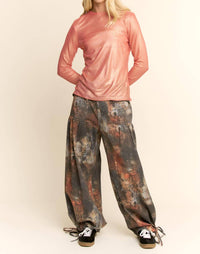 DAVI & DANI Metallic Mesh Long Sleeve Layering Top in coral shimmer - women's long sleeve top