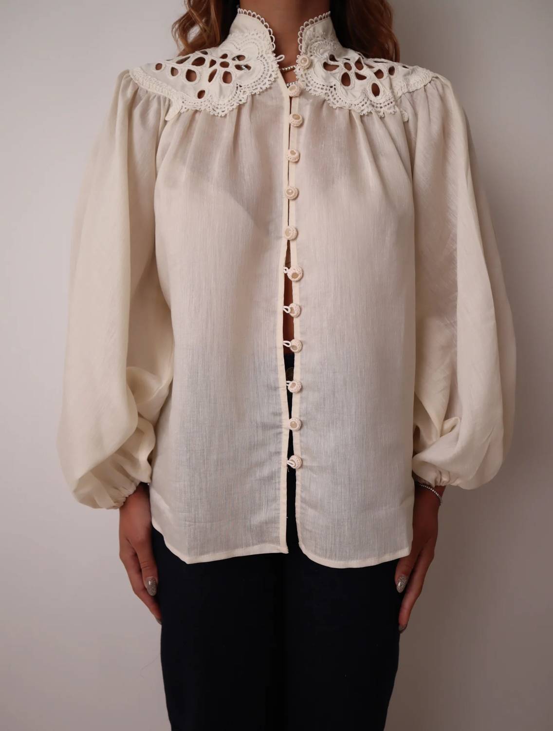 Beulahstyle - Eyelet Lace Long Sleeve Blouse