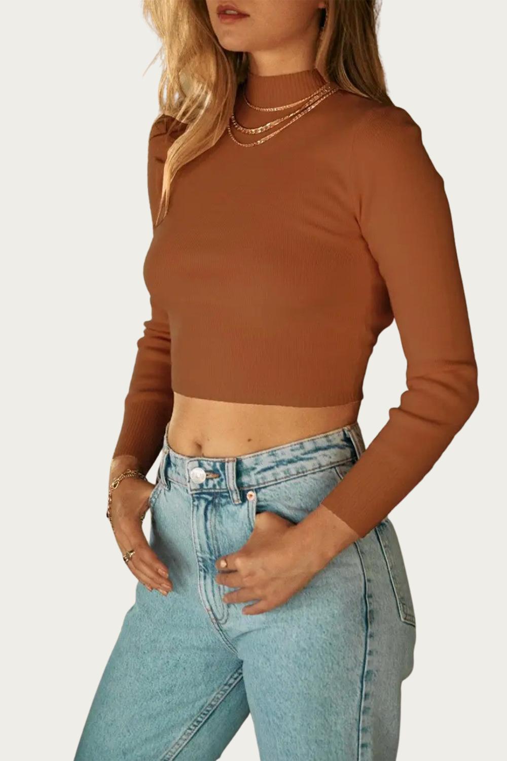 CROPPED OPEN-BACK MOCK NECK SWEATER