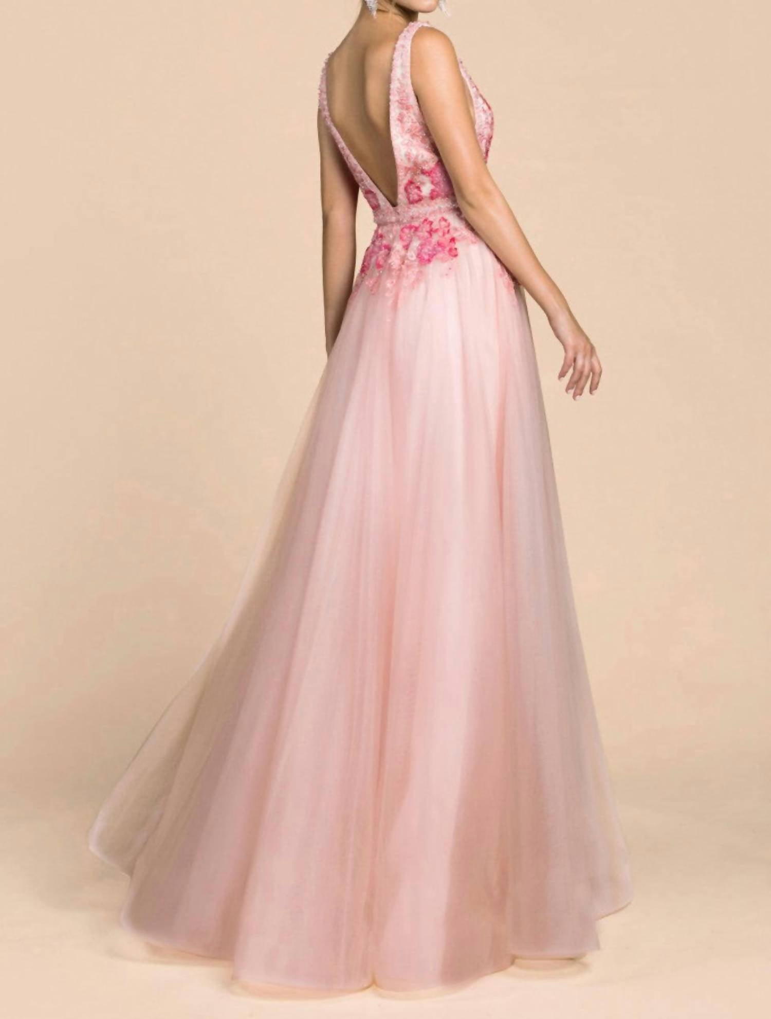 Andrea & Leo Couture Peony Tulle A-line Gown in pink - women's dress - detail view