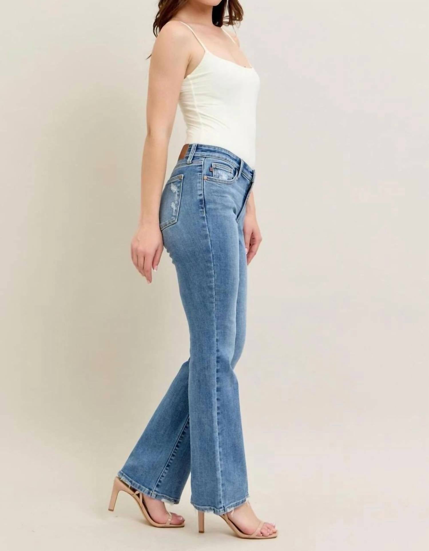 Judy Blue Mid Rise Bootcut Denim Jeans in vintage wash - women's jeans - detail view