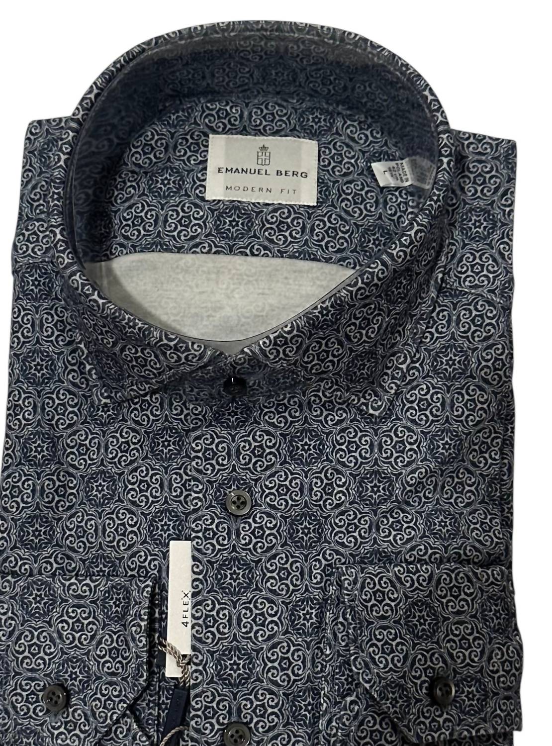 Emanuel Berg Men's Modern 4flex Stretch Knit Shirt in navy pattern - men's shirt - detail view
