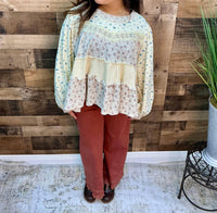 Pol - Ditsy Floral Tiered Ruffle Pearl Accent Top