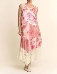 Davi & Dani - Women's Print Flower Patchwork Lace Tiered Dress
