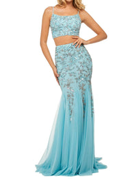 Sherri Hill Two-piece Mermaid Gown in light blue - women's dress