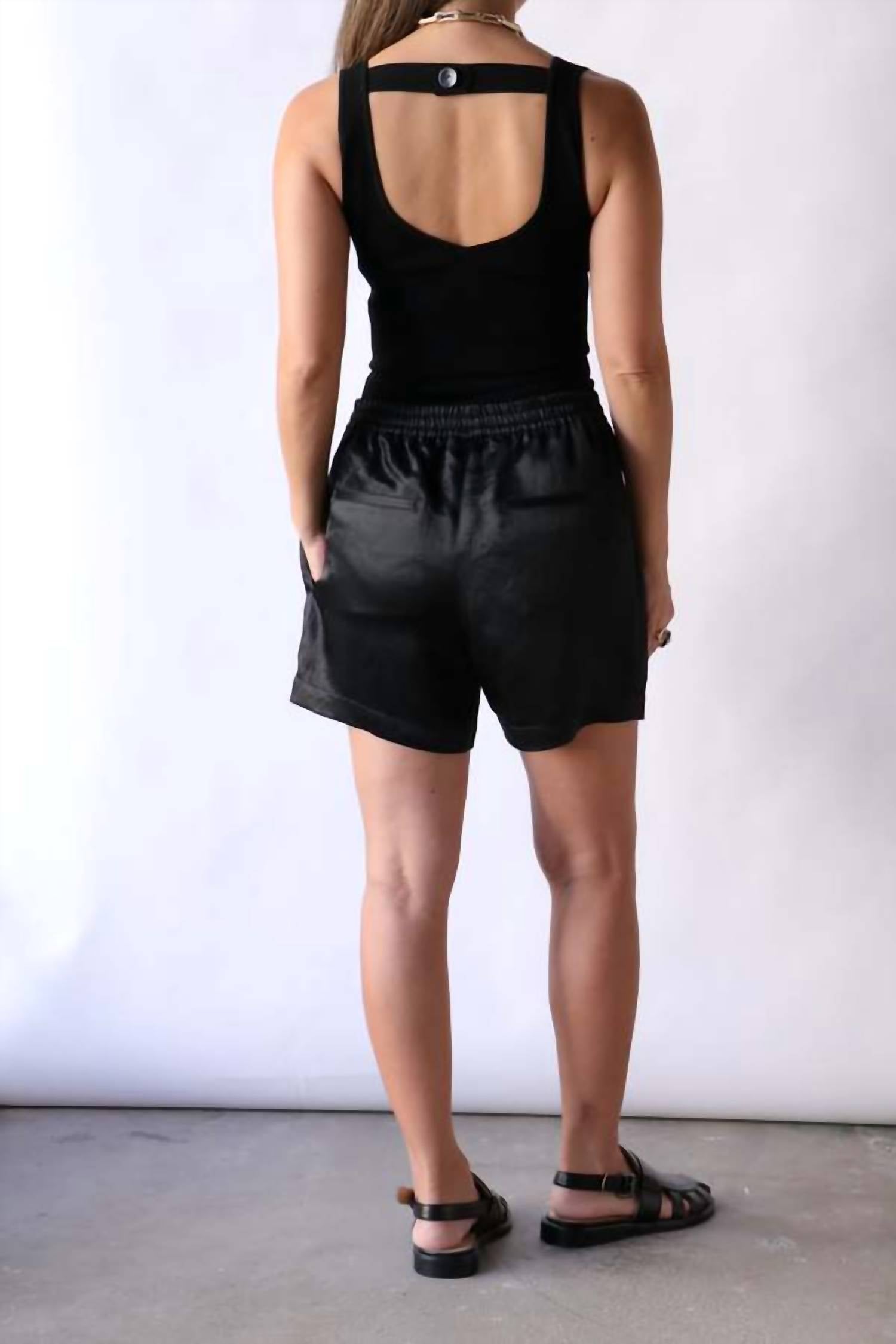Maria McManus Drawstring Pleat Front Shorts in glossy black - women's shorts - detail view
