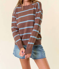 Doe And Rae - Scallop Neckline Long Sleeve Striped Sweater Top