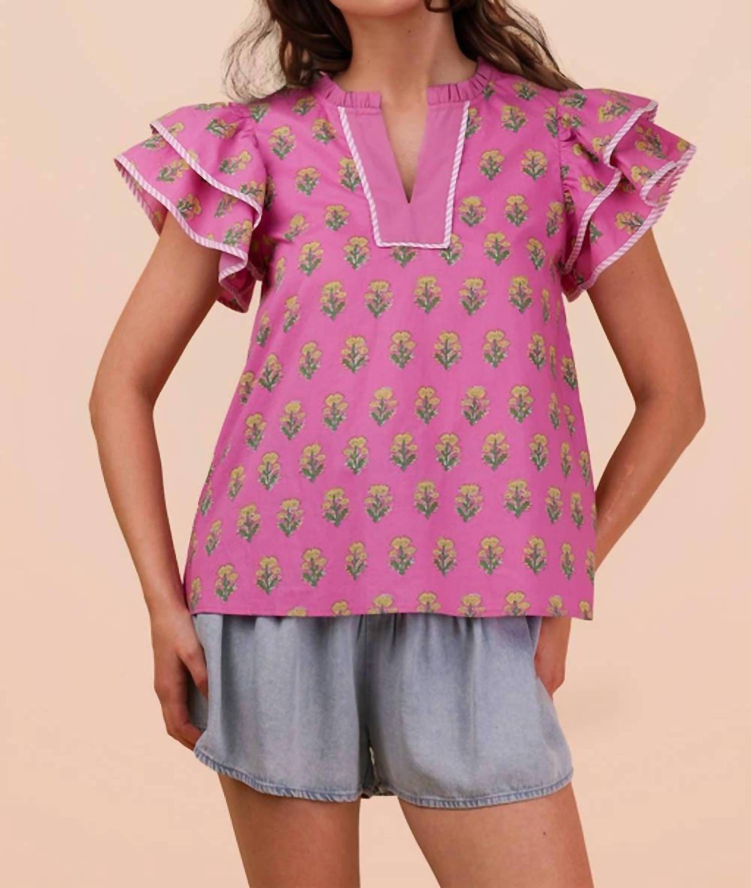Very J - Ruffle Sleeve Printed Woven Blouse Top