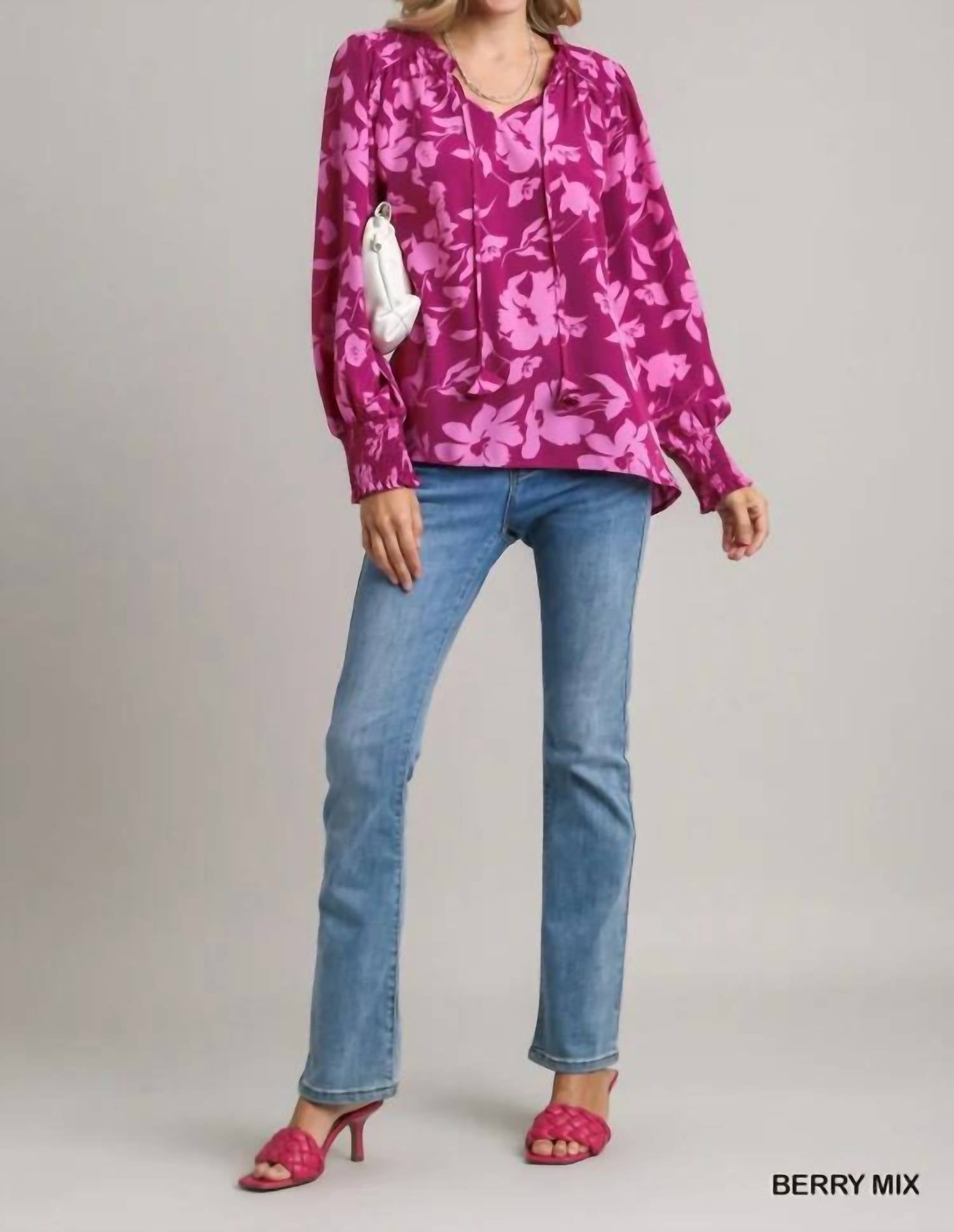 Umgee - Floral Print Notch Neck Top