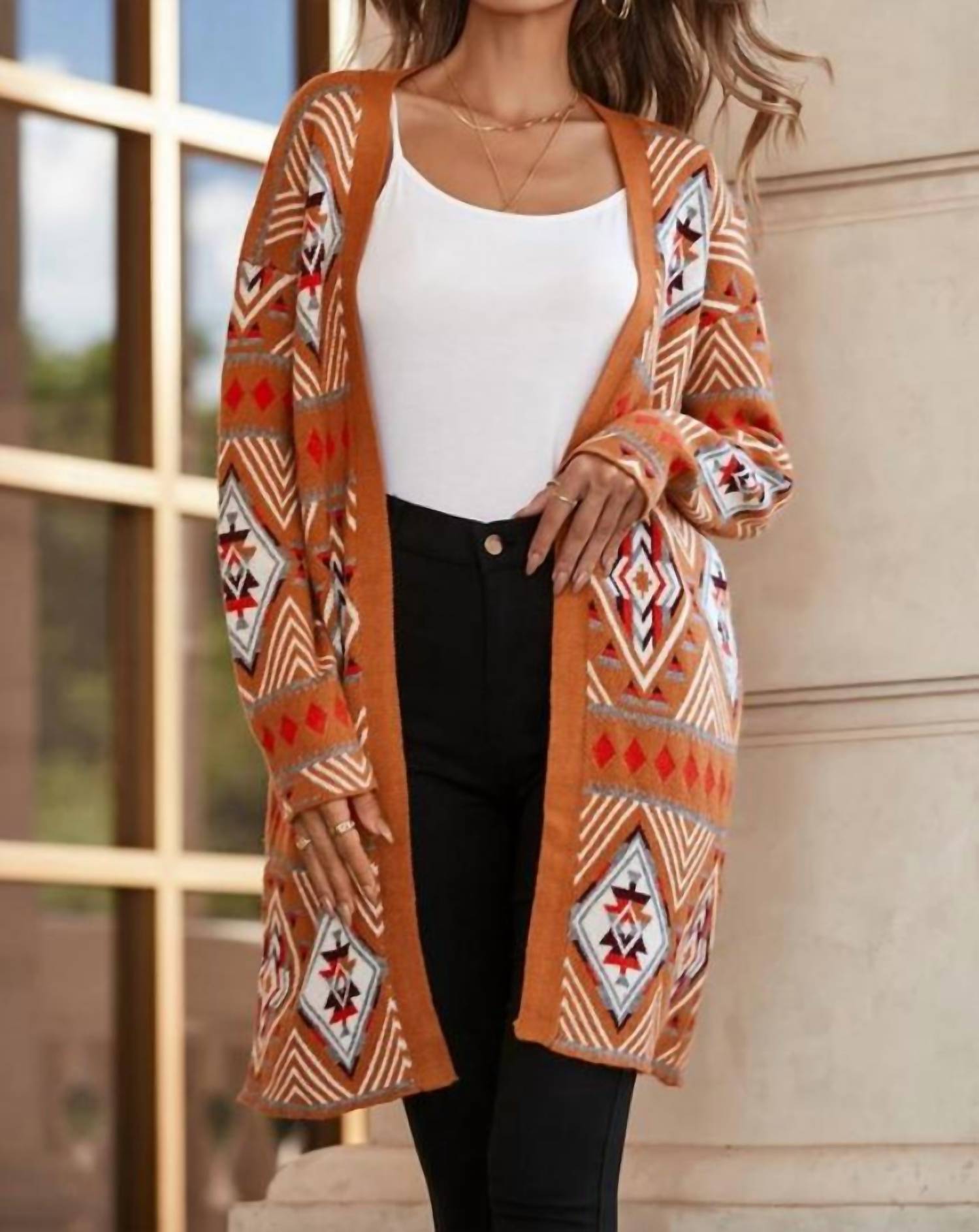 Little Daisy Closet - Aztec Geometric Knit Open Front Cardigan
