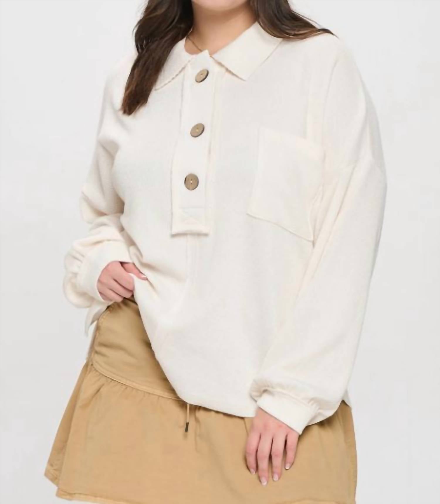 Perch by Blu Pepper Collared Raw Edge Knit Top - Plus in cream - women's long sleeve top