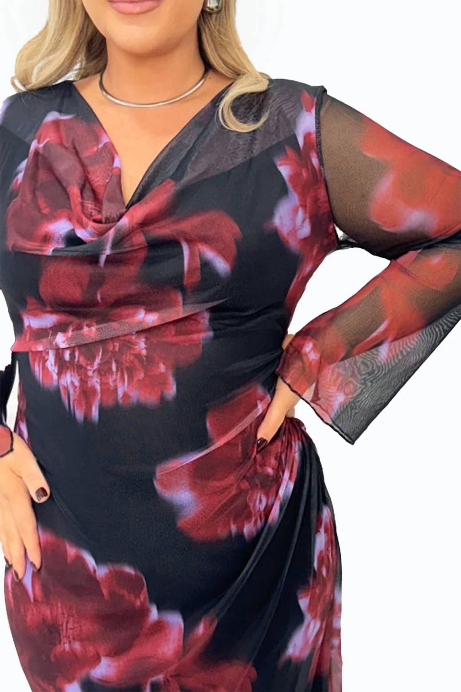 Fashion Szn Curve - Cowl Neck Mesh Flare Sleeve Maxi Dress - Plus
