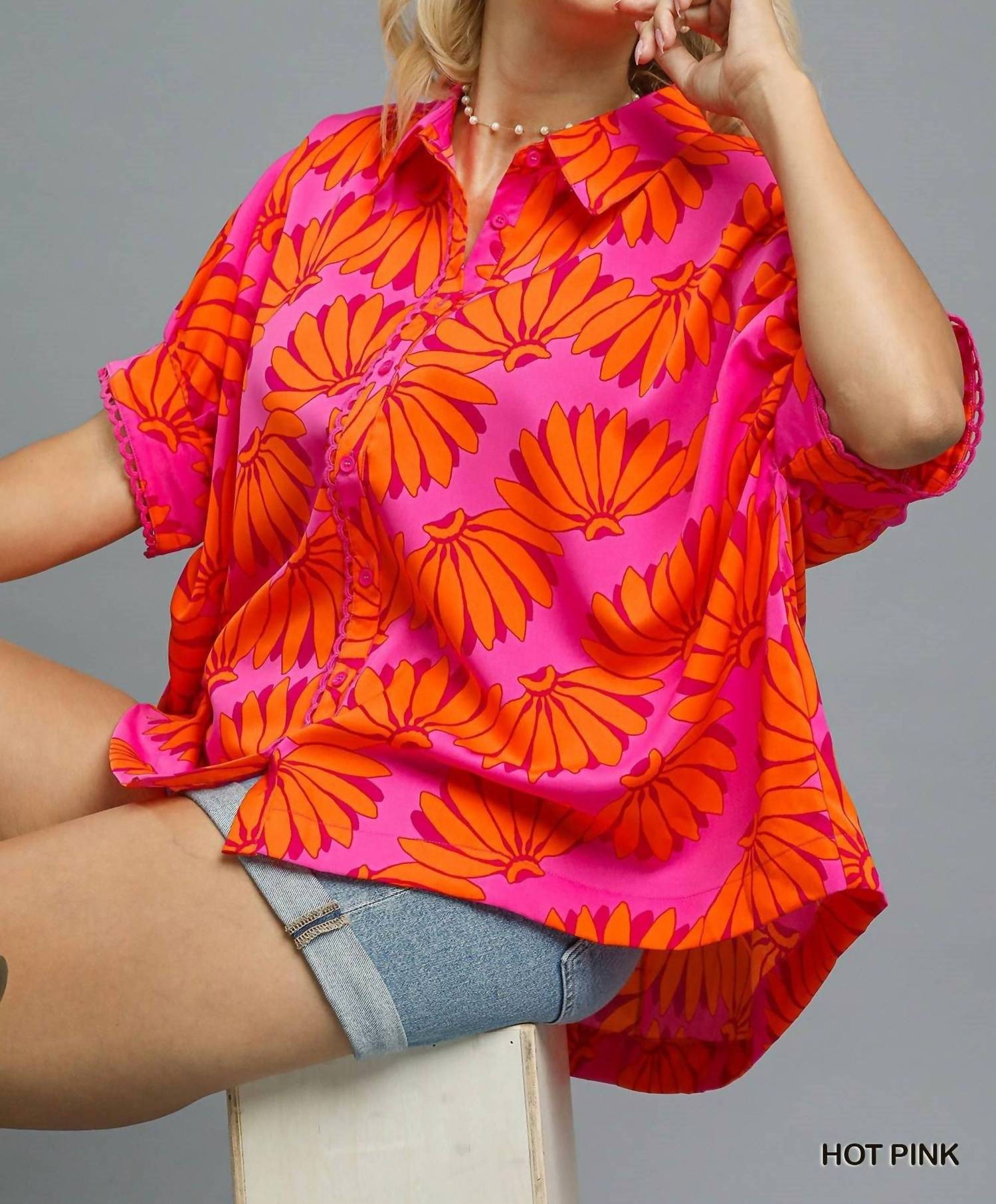Umgee - Tropical Print Button Top - Plus Size