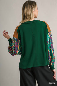 Umgee - Colorblock Contrast Knit With Printed Sleeves Top
