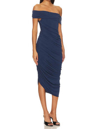 katie may Alana Ruched Midi Off Shoulder Dress in deep sea - women's dress - detail view