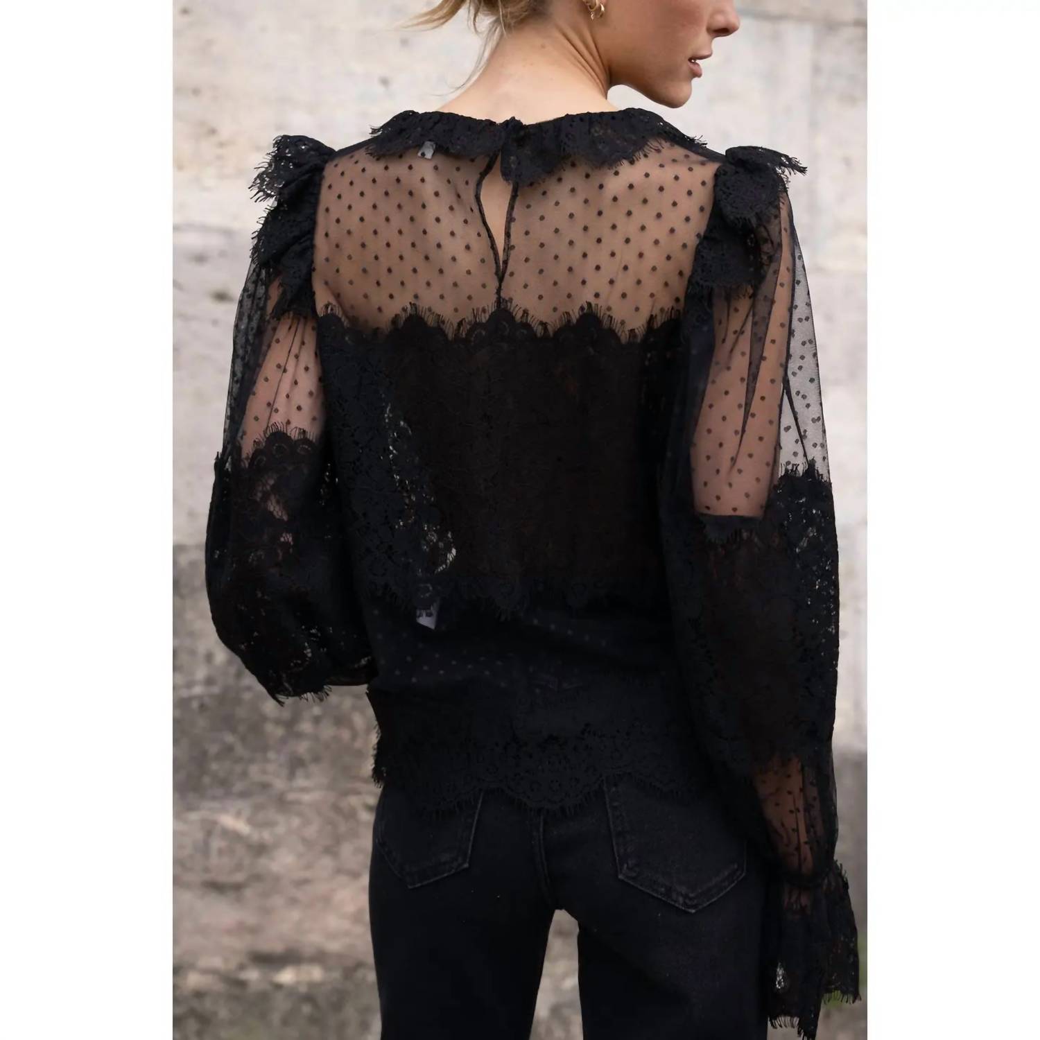 CHOKLATE PARIS Lace Peter Pan Collar Blouse in black - women's blouse - alternate view