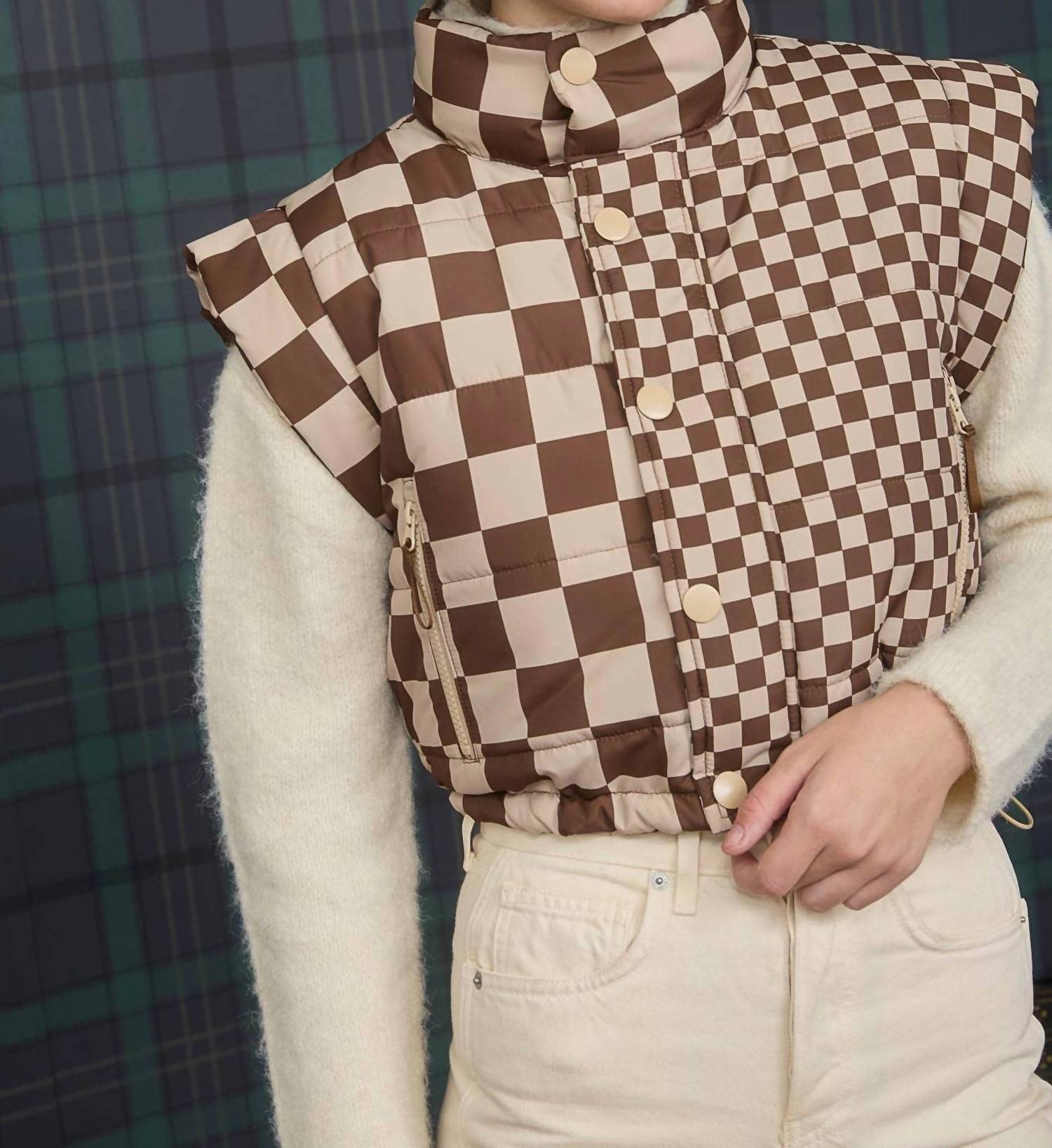 Little Daisy Closet - Checkerboard Stitched Zip Up Stand Neck Vest