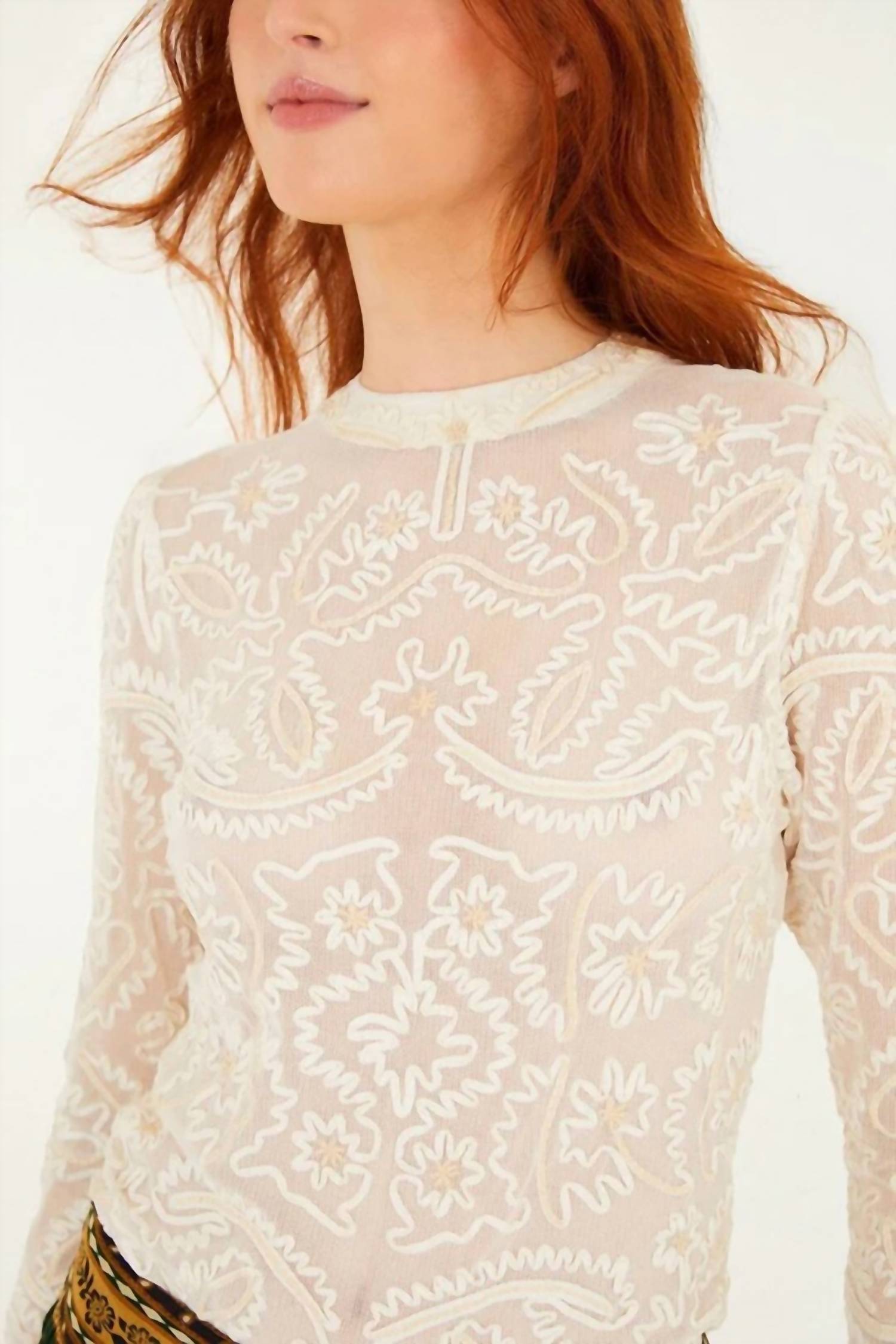 Farm Rio - Embroidered Crew Neck Long Sleeve Blouse