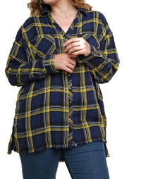 Umgee - Plaid & Frayed Cotton Top - Plus Size