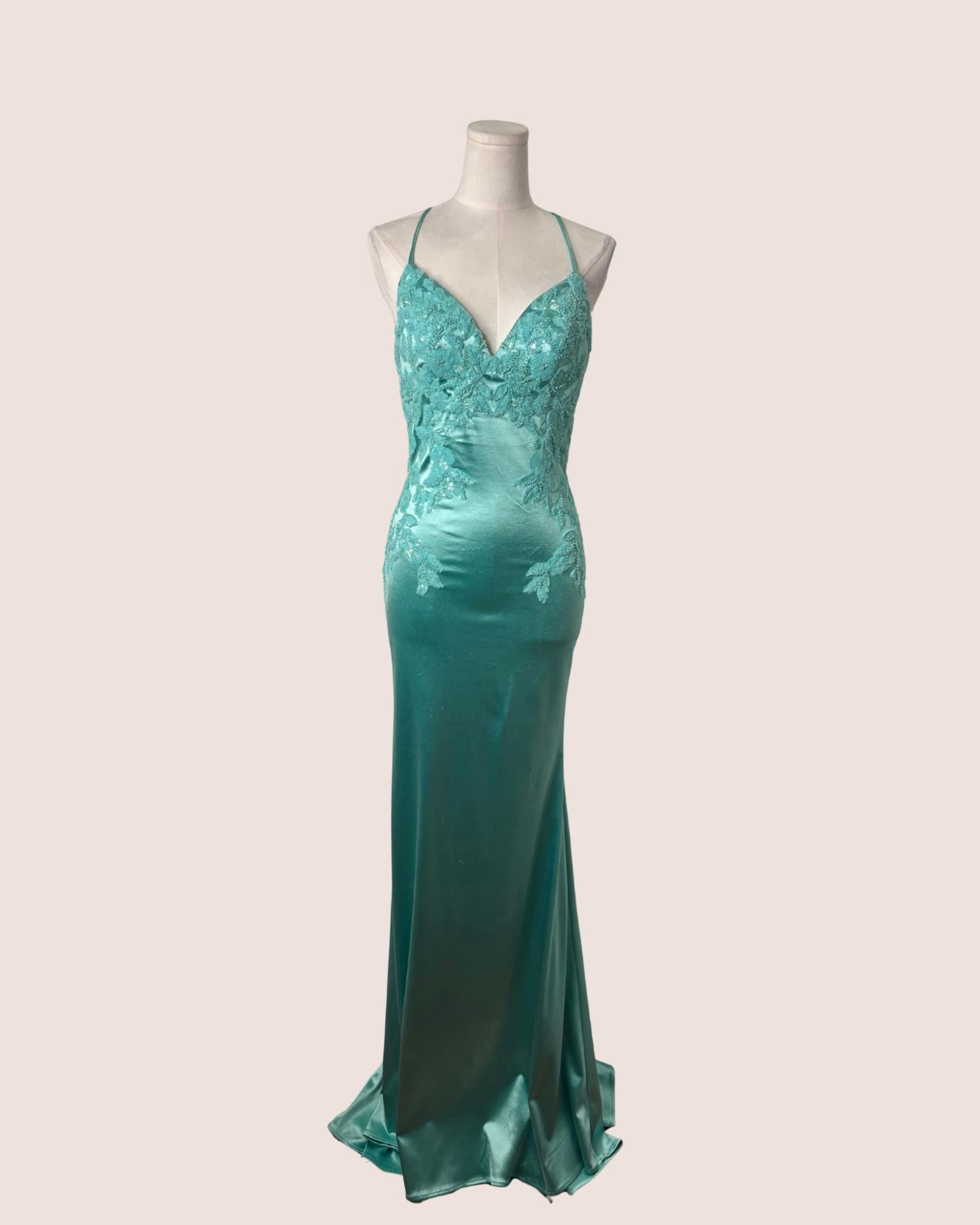 FAVIANA Women's Satin Long Dress With Appliques in mint - women's dress