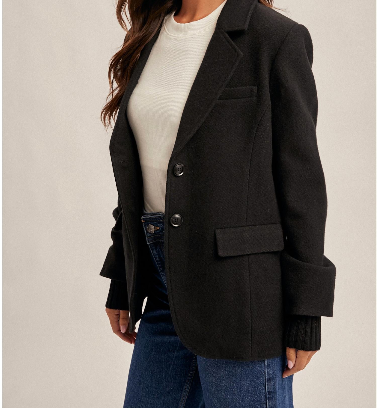 Hem & Thread Cuff Rib Layered Blazer in black - women's jacket - detail view