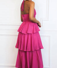 Maniju - Gabriela High Neck Tiered Ruffle Shimmer Maxi Dress