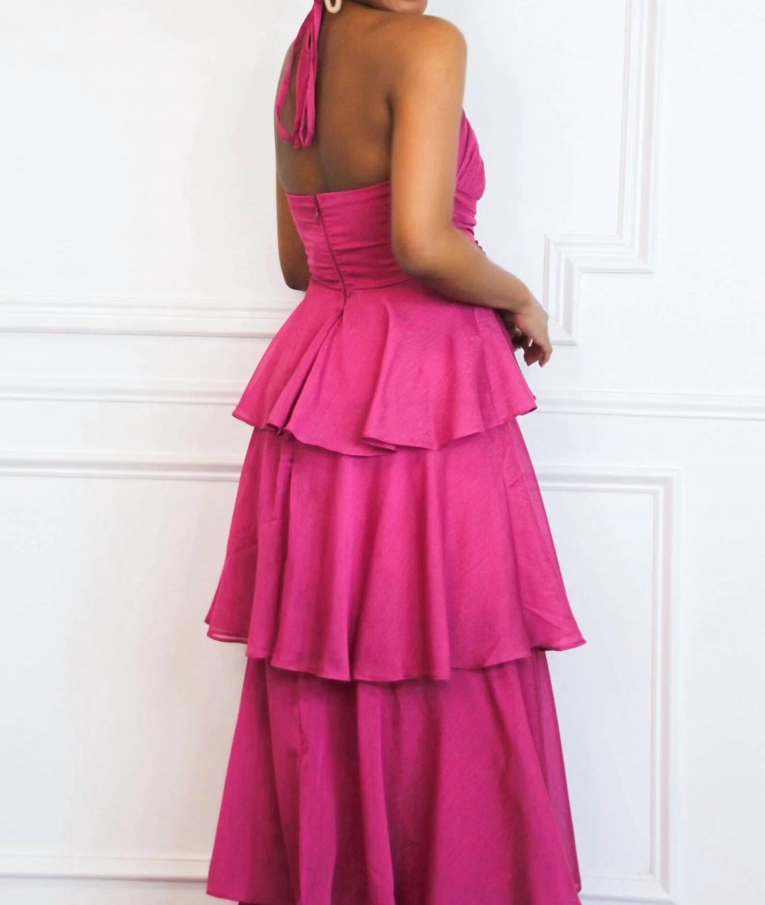 Maniju - Gabriela High Neck Tiered Ruffle Shimmer Maxi Dress