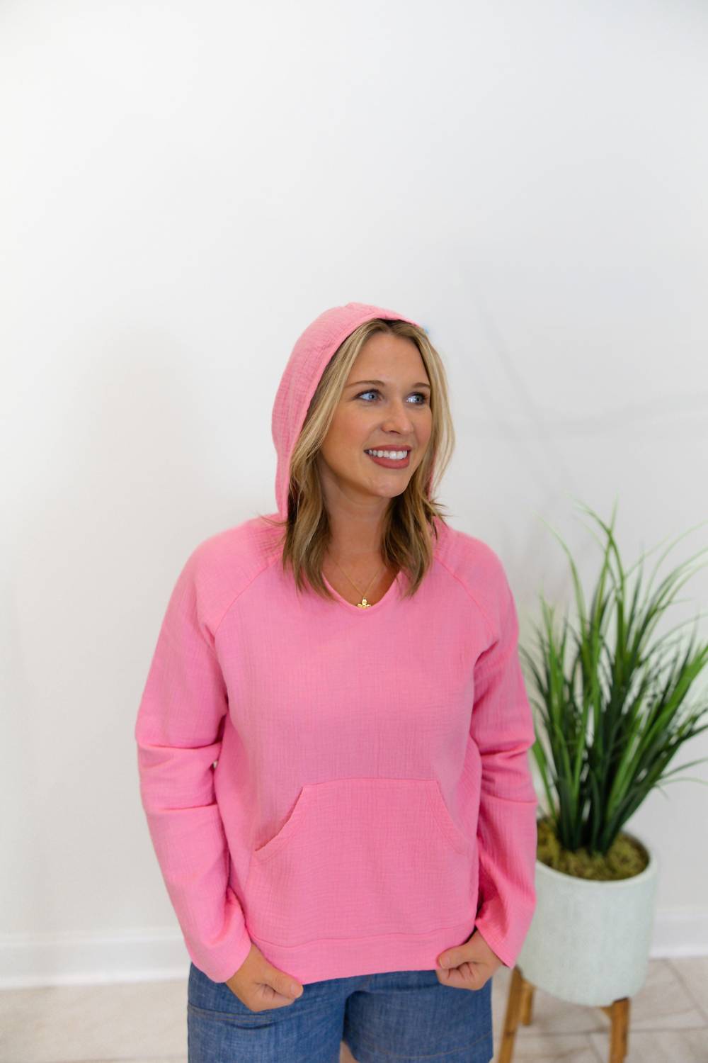CHARLIE B Cotton Hoodie with Kangaroo Pocket in pink - women's top - alternate view