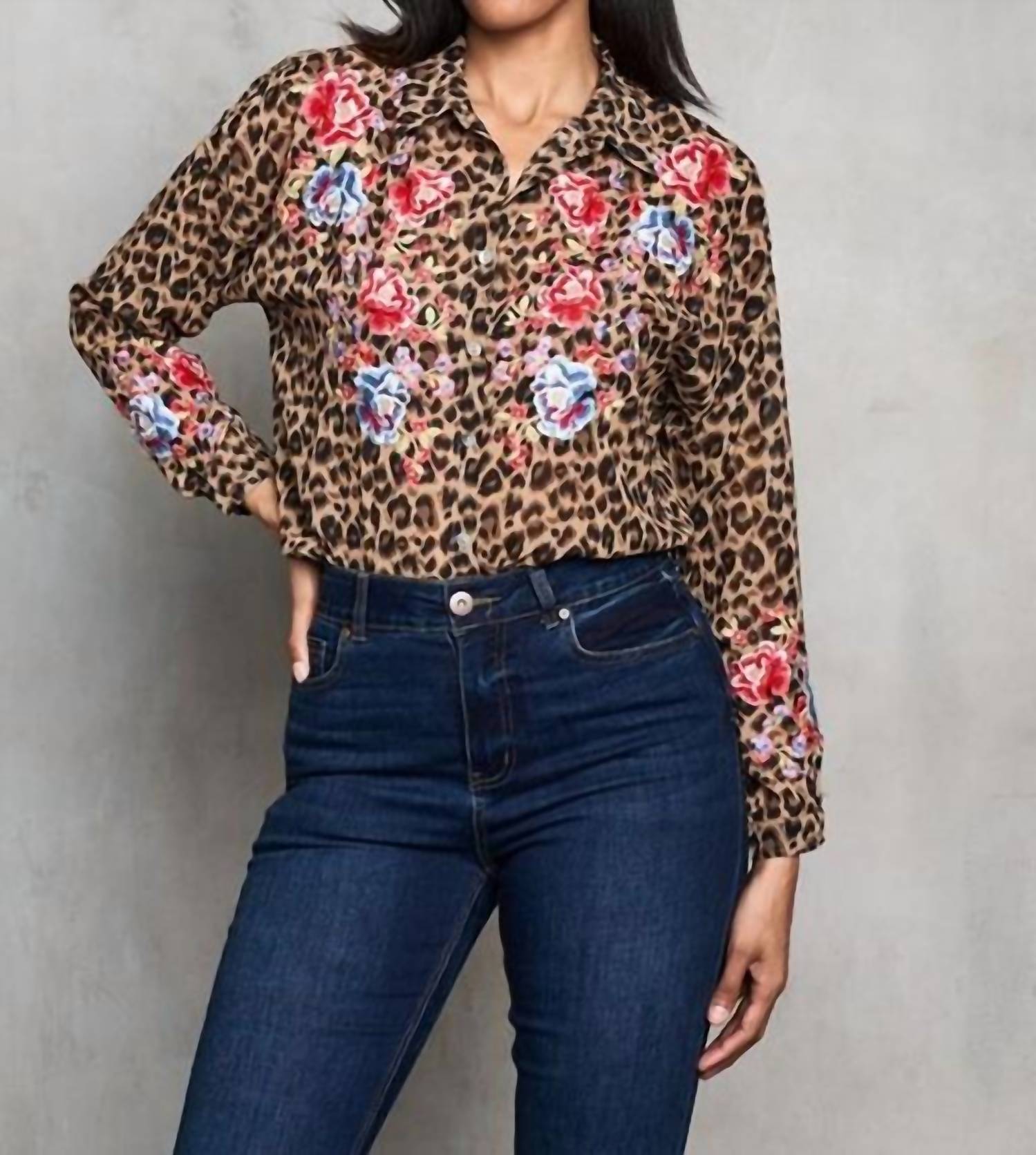 PAPARAZZI Georgette Embroidered Print Shirt in cheetah - women's shirt