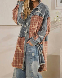 Oli & Hali - Bleached Plaid Long Shacket With Hoodie