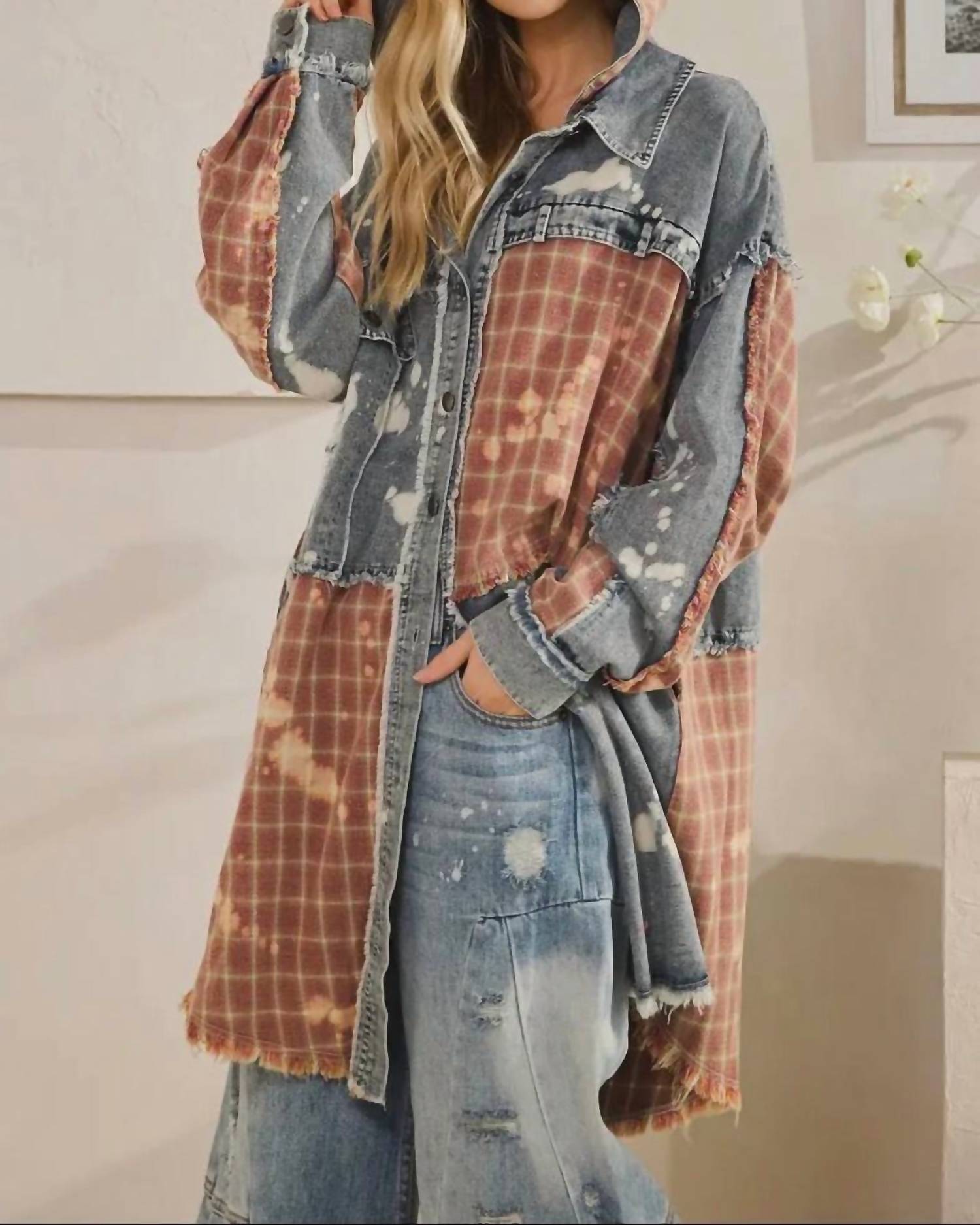 Oli & Hali - Bleached Plaid Long Shacket With Hoodie