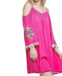 Umgee - Floral Embroided Pom And Tassel Mini Dress