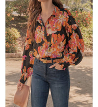 Jodifl Satin Vibrant Flower Print Button Front Shirt in black - women's blouse - alternate view