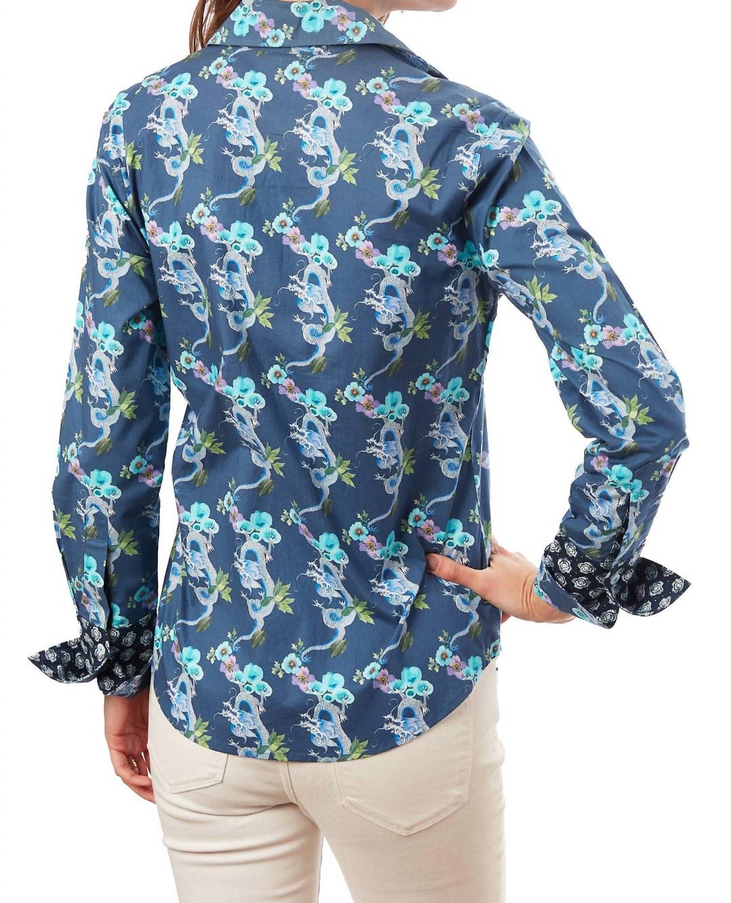 Dizzy-Lizzie Rome Shirt in navy dragon - women's blouse - detail view