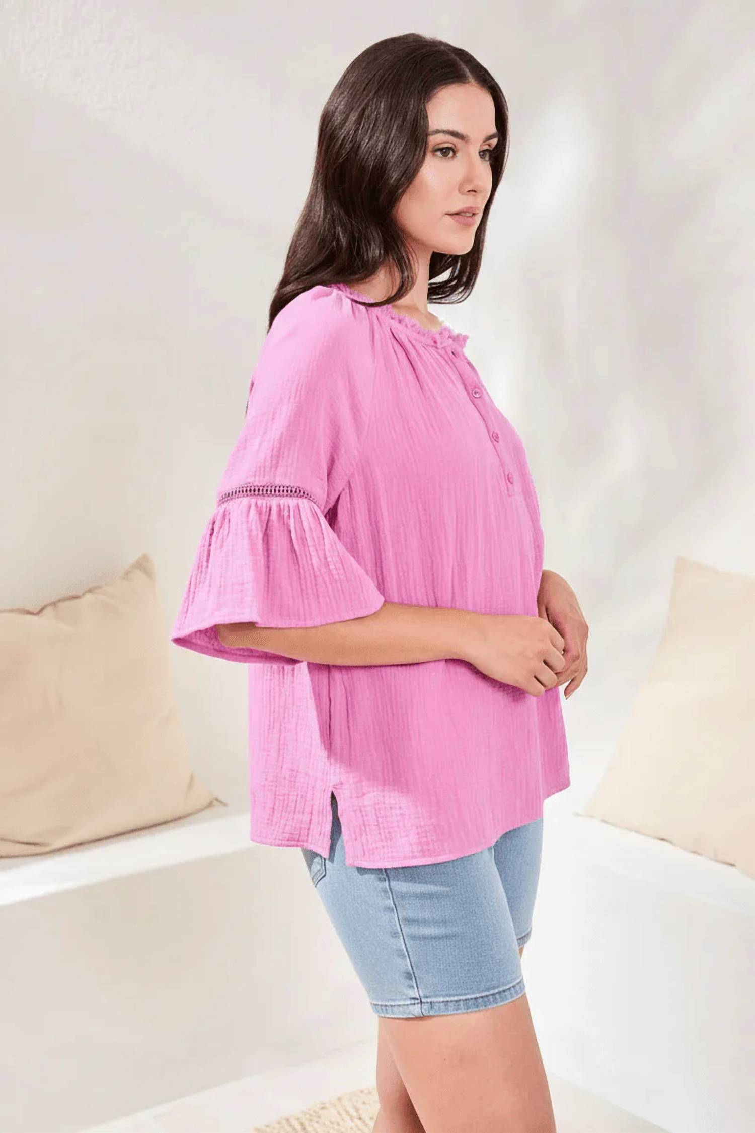 Tribal - Crinkle Gauze Bell Sleeve Blouse