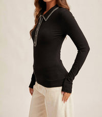 Hem & Thread Contrast Stitch Collared Henley Top in black - women's long sleeve top - view 4