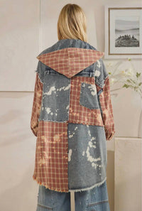 Oli & Hali - Bleached Plaid Long Shacket With Hoodie