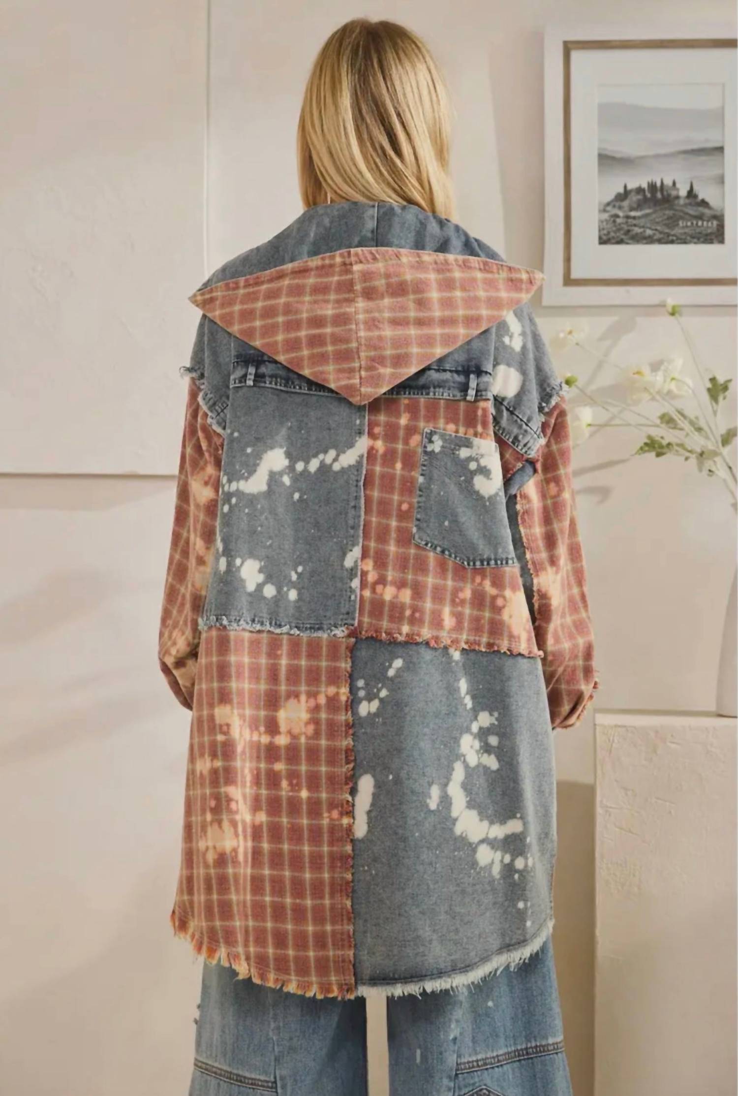 Oli & Hali - Bleached Plaid Long Shacket With Hoodie