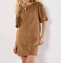 Apricot - Suede Mini Puff Sleeve Dress