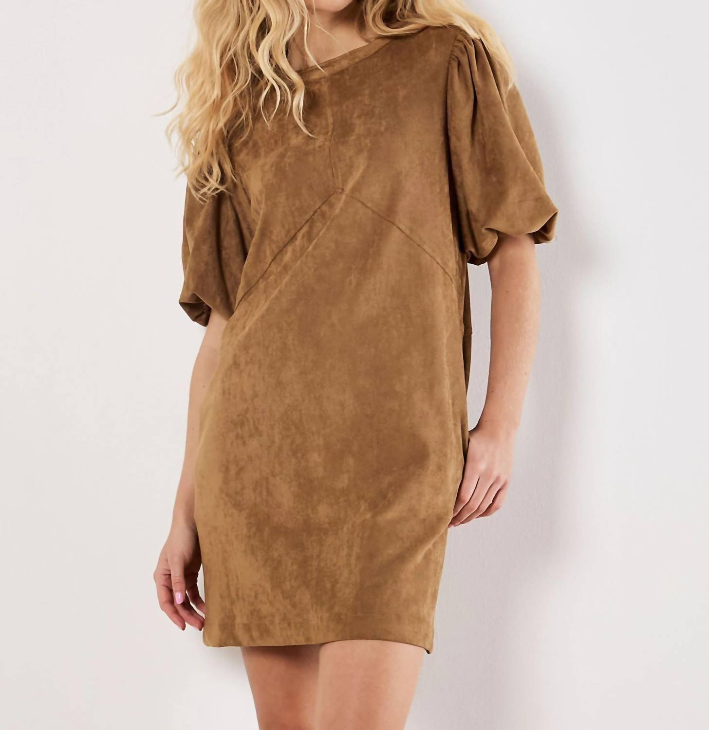 Apricot - Suede Mini Puff Sleeve Dress