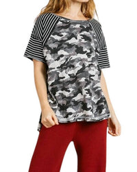 umgee Camo And Striped Top in grey - women's t-shirt