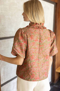 voy Ruffle Collared Jacquard Abstract Print Blouse in rust - women's blouse - alternate view