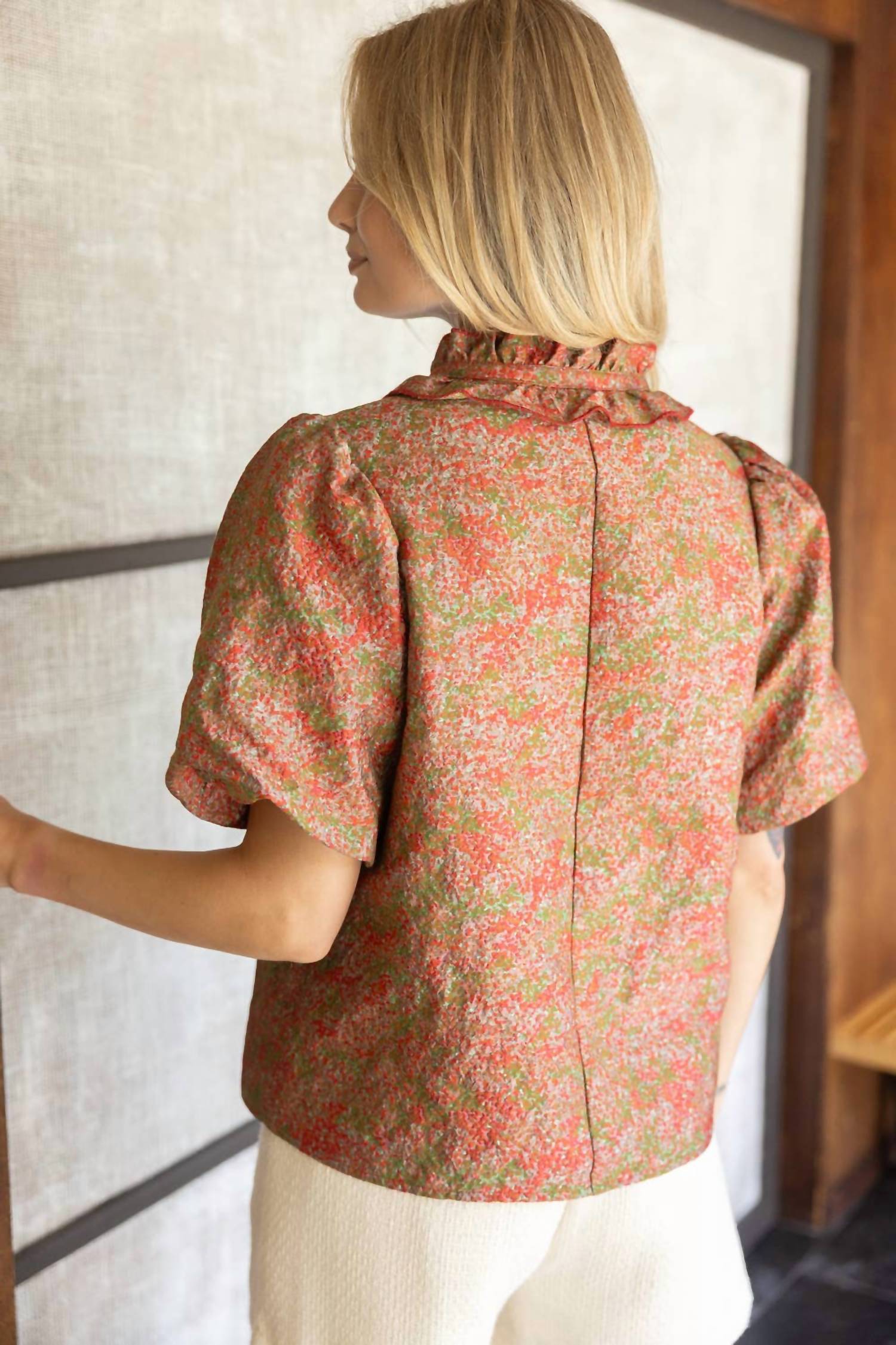 voy Ruffle Collared Jacquard Abstract Print Blouse in rust - women's blouse - alternate view