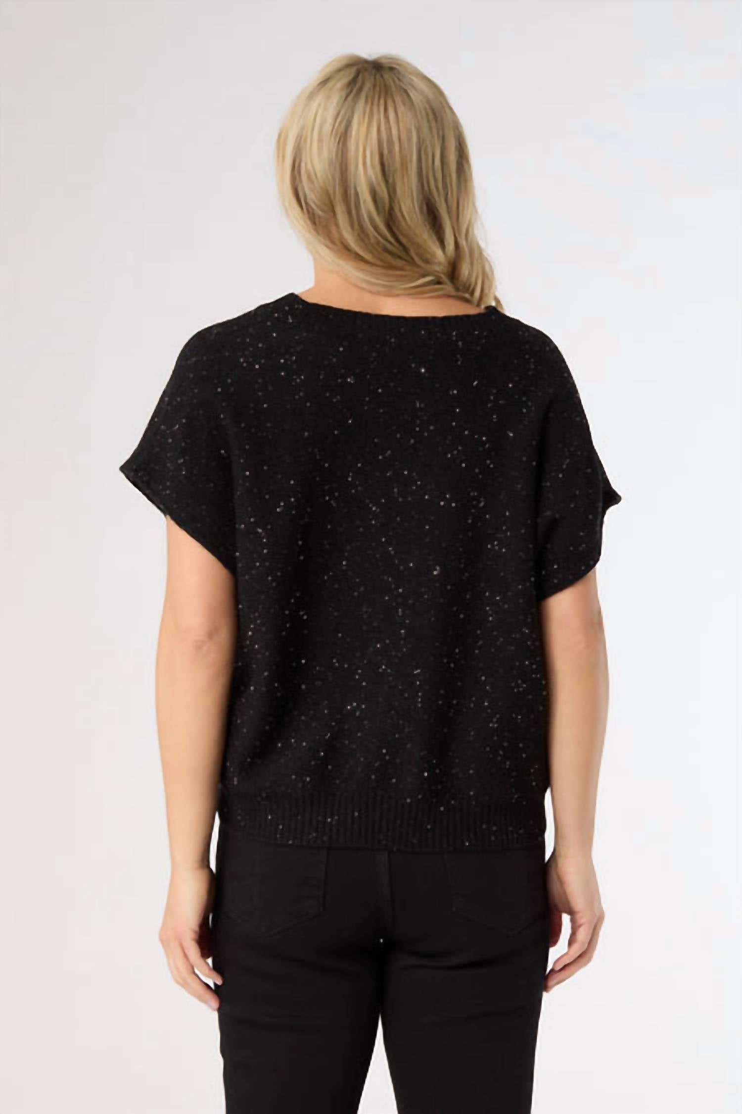 COCO + CARMEN Janece Sparkle V-Neck Cap Sleeve Sweater in black - women's sweater - detail view