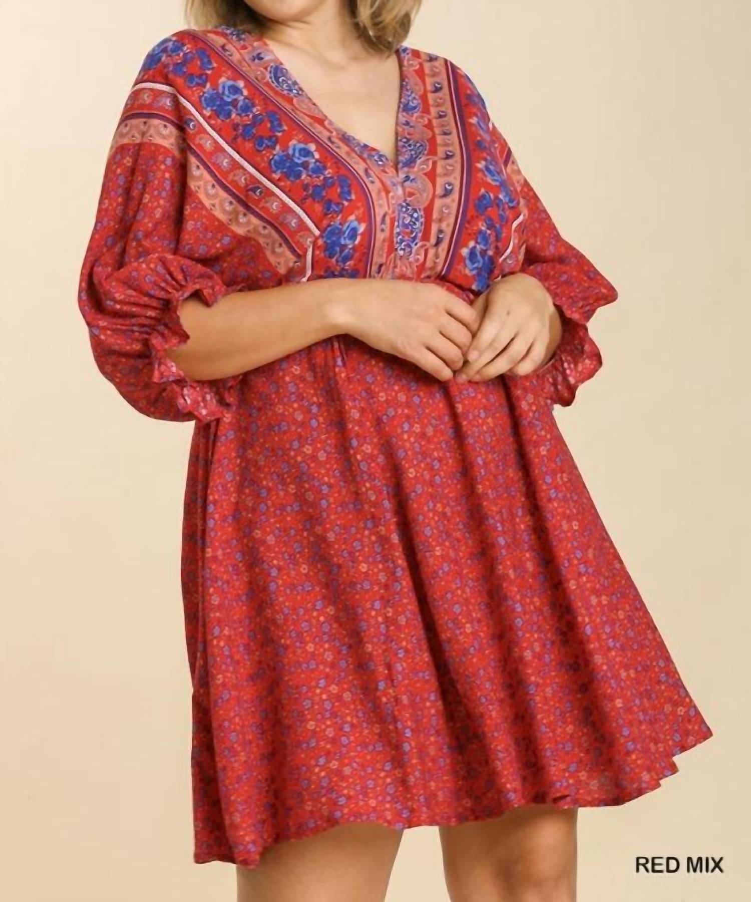 Umgee - Mixed Print Bohemian Dress - Plus