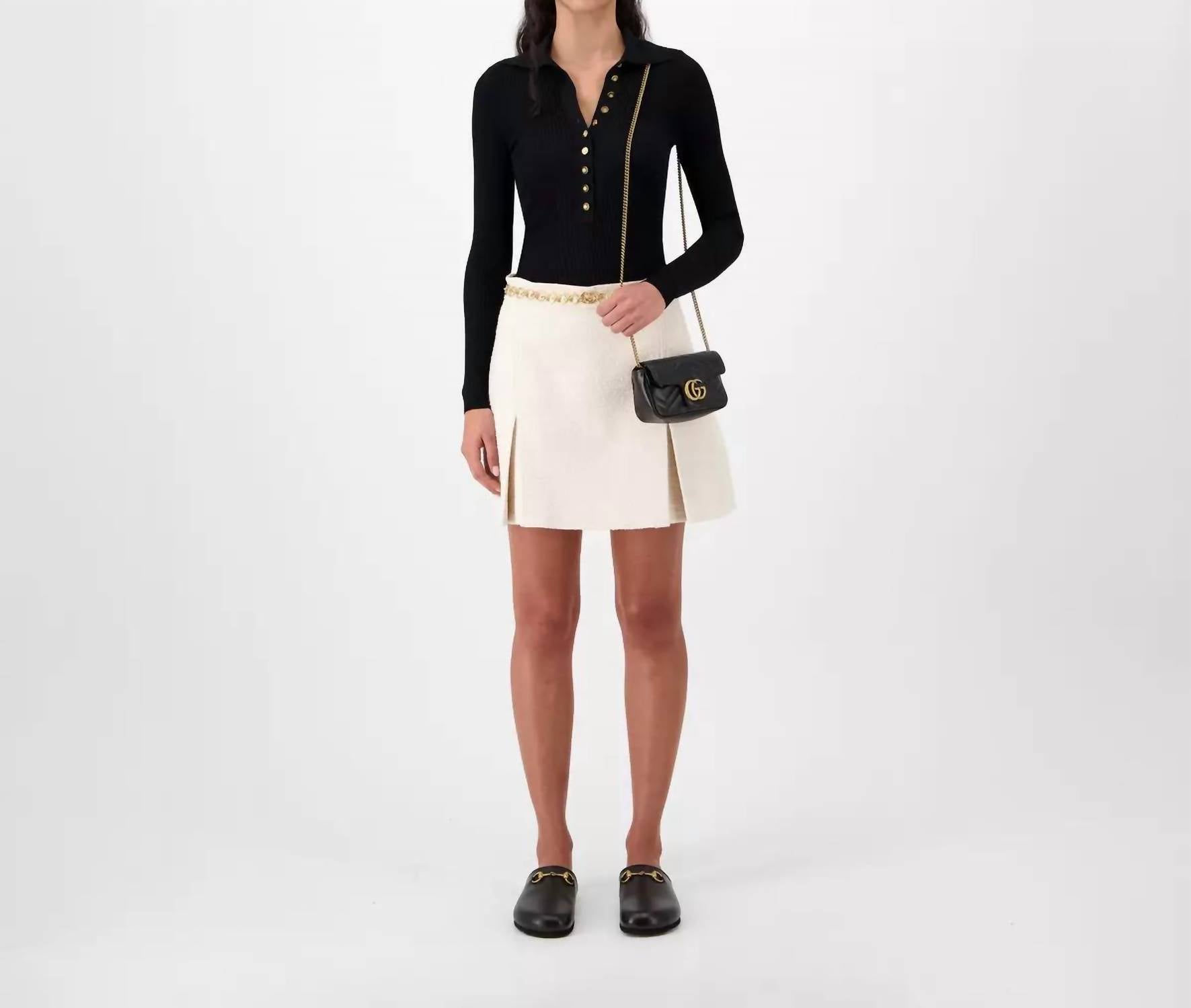 Gucci - Boucle Blended Skirt With Inverted Pleats And Gold Tone Gg Chain