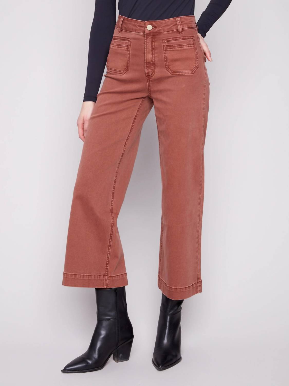 CHARLIE B Cropped Flair Legged Front Patch Pocket Pant in sepia - women's jeans - alternate view