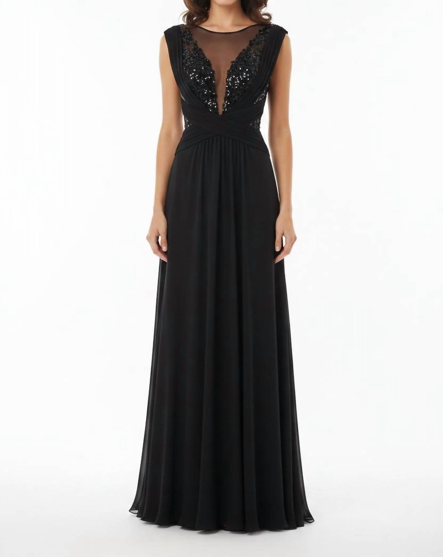 Clips - Sheer Illusion V-neckline Evening Dress